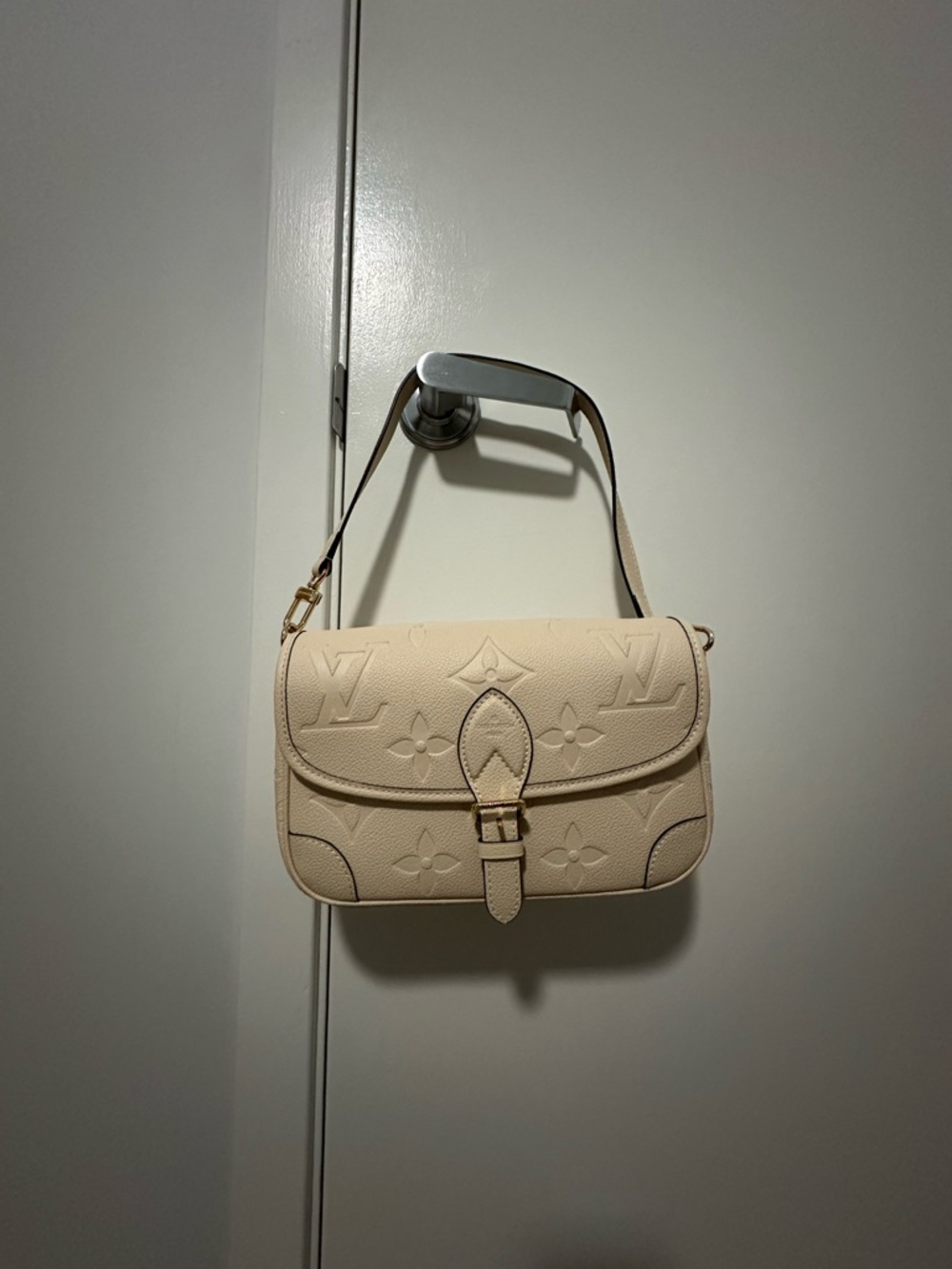 Diane Cream Embossed Monogram Shoulder Bag with guitar strap